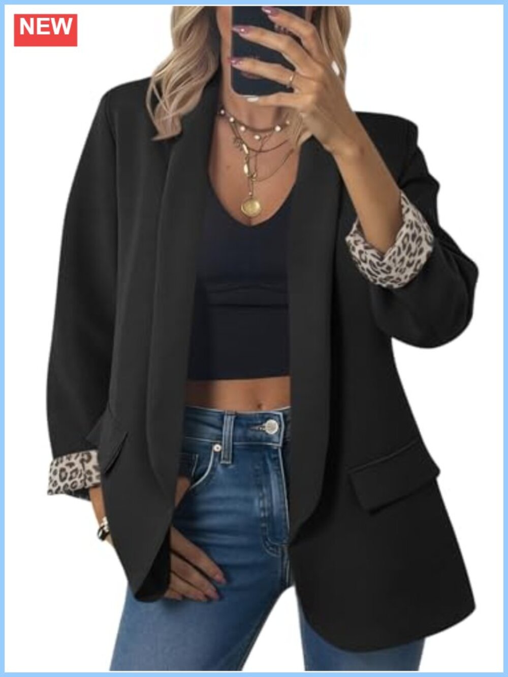 Shawl Collar Oversized Blazer with Leopard Lining, Long Sleeve, Side Pockets
